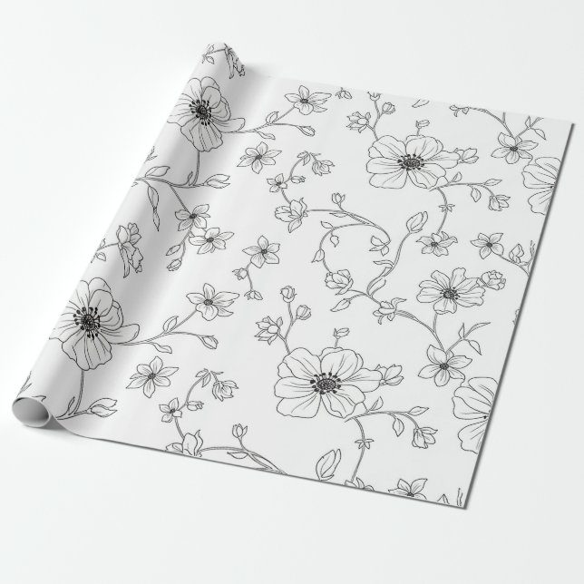 Minimalist Line Art Floral Seamless Pattern (4) Wrapping Paper (Unrolled)