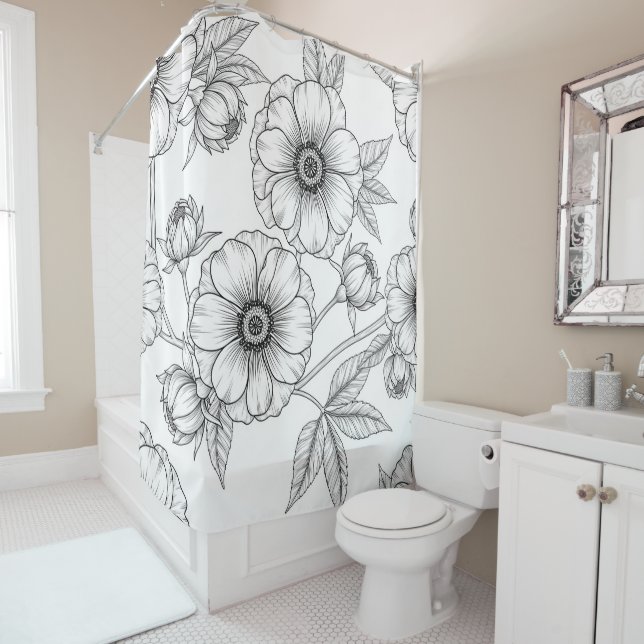 Minimalist Line Art Floral Seamless Pattern (5) Shower Curtain (In Situ)