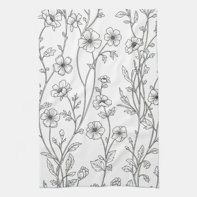 Minimalist Line Art Floral Seamless Pattern (7) Tea Towel (Vertical)