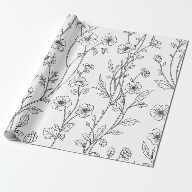 Minimalist Line Art Floral Seamless Pattern (7) Wrapping Paper (Unrolled)