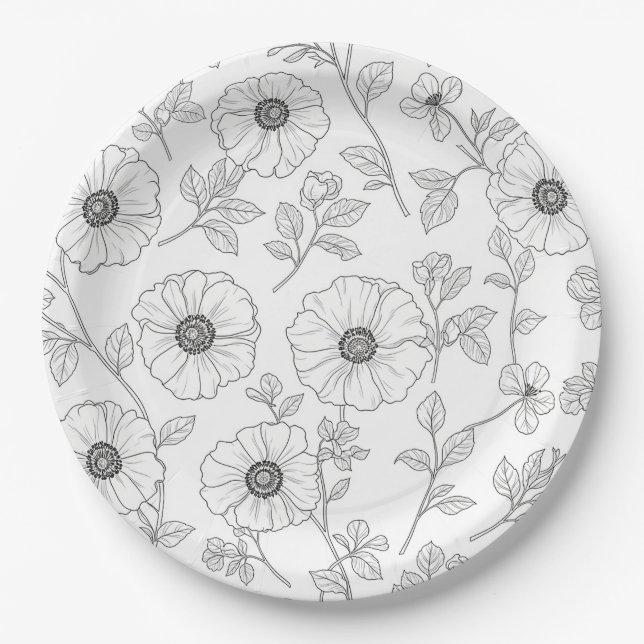 Minimalist Line Art Floral Seamless Pattern (8) Paper Plate (Front)