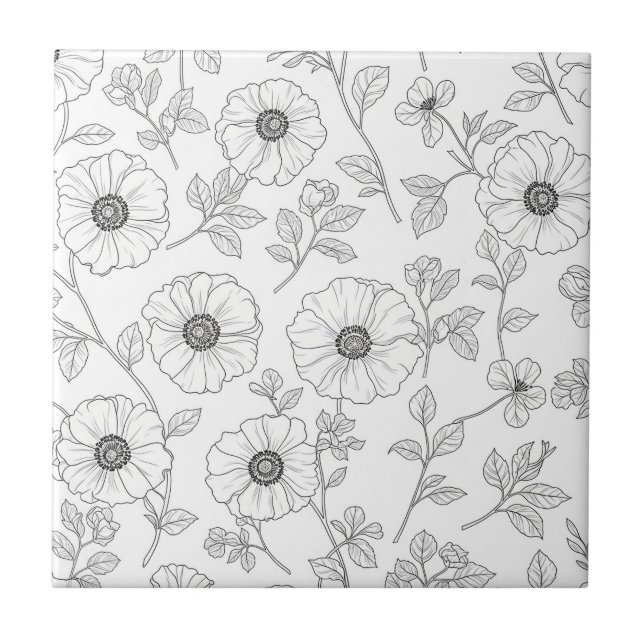 Minimalist Line Art Floral Seamless Pattern (8) Tile (Front)