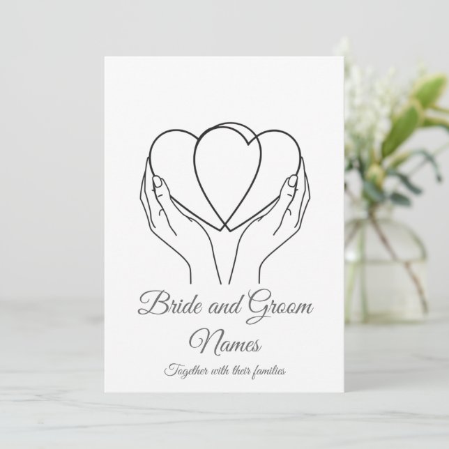 Minimalist Line Art Hearts & Hands Grey Wedding In Invitation (Standing Front)