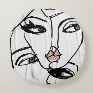 Minimalist line art of women faces round cushion