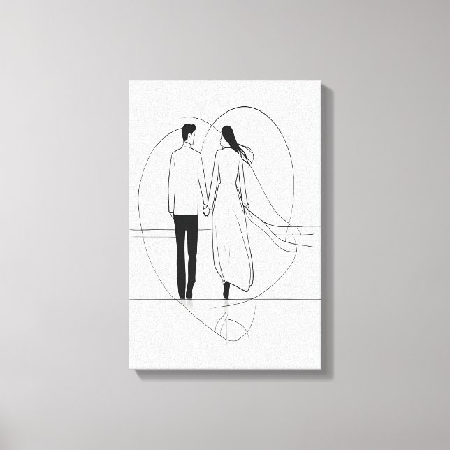 Minimalist Line Art Romantic Couple Holding Hands Canvas Print (Front)