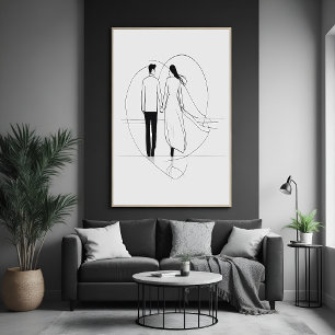 Minimalist Line Art Romantic Couple Holding Hands Poster