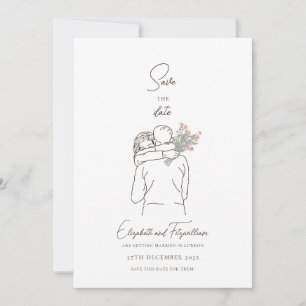 Minimalist Line Art Romantic Couple With Flowers Save The Date