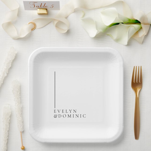 Minimalist Line Black White Modern Wedding Paper Plate (Wedding)