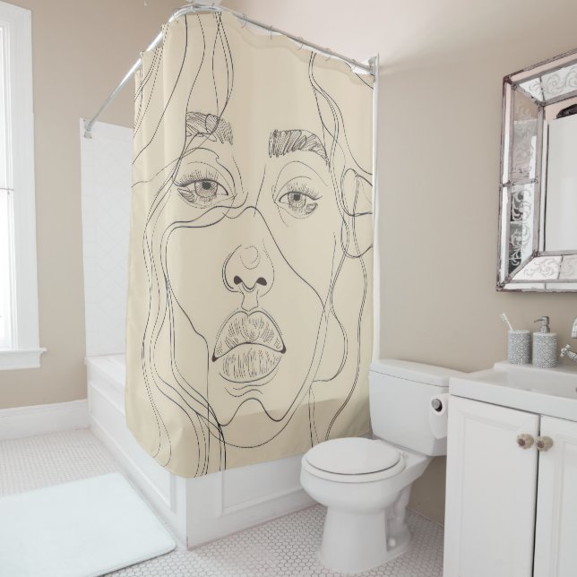 Minimalist Line Drawing of Woman Shower Curtain (In Situ)