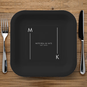 Minimalist Line Monogram Black & White Wedding Paper Plate
