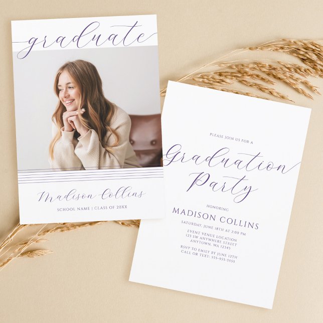 Minimalist Lines Purple Graduation Party Photo Invitation (Creator Uploaded)