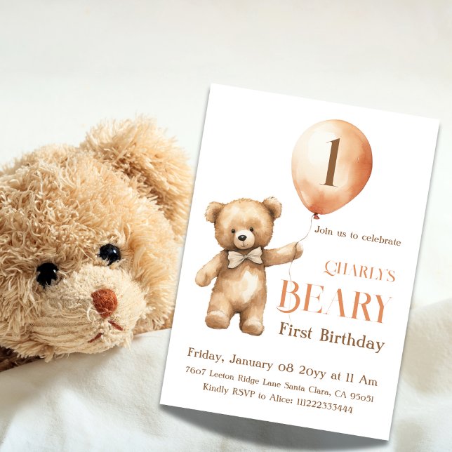 Minimalist Little Bear Beige Beary 1st Birthday Invitation (Creator Uploaded)