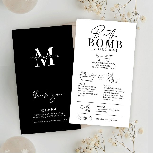Minimalist Logo Bath Bomb Fizzer Care Instructions Business Card (Modern bath bombs care instructions cards with icons, trendy fonts and space for your logo)