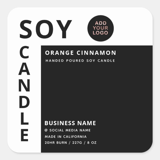 Minimalist logo black white soy candle  square sticker (Front)
