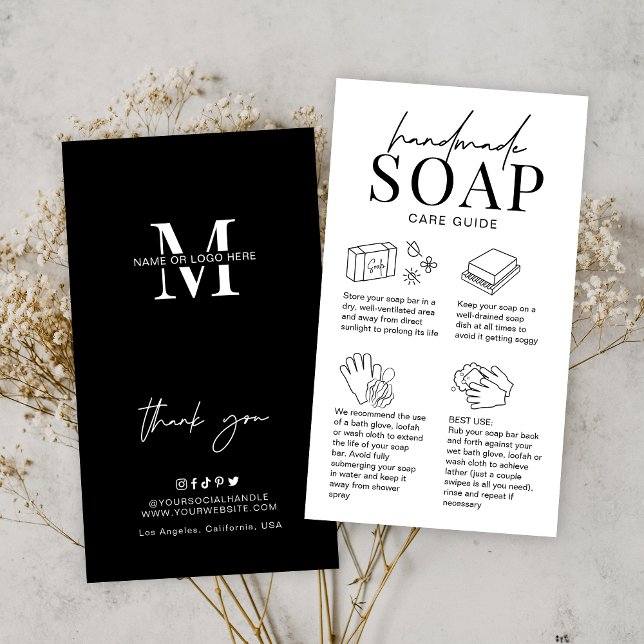 Minimalist Logo Handmade Soap Bar Care Guide Business Card (Artisan soap bar care cards in black and white, featuring care icons and space for your logo)