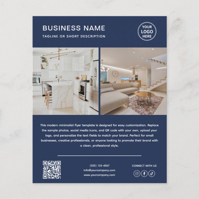 Minimalist Logo Photo QR Code Navy Blue Business Flyer (Front)