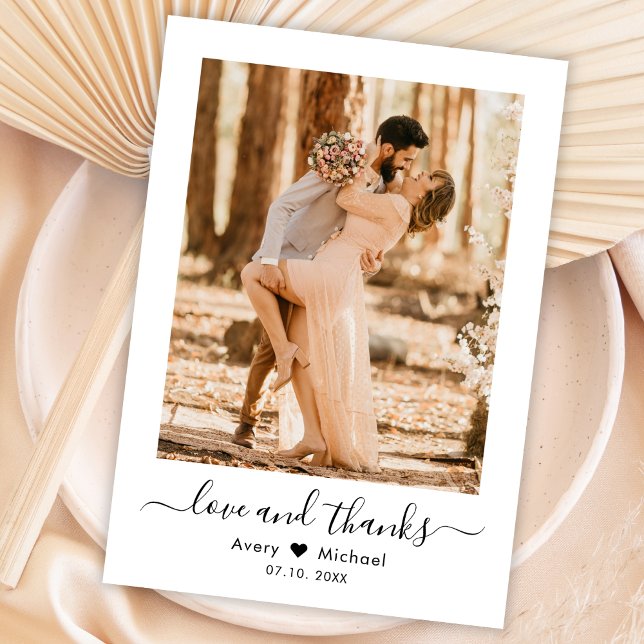 Minimalist Love and Thanks Script Photo Wedding Thank You Card (Creator Uploaded)