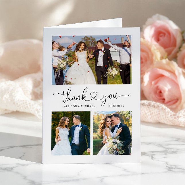 Minimalist Love Heart Script Folded Wedding Photo Thank You Card (Creator Uploaded)