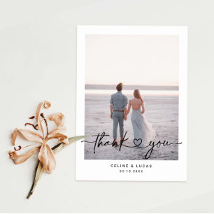 Minimalist Love Heart Script Wedding Photo Thank You Card
