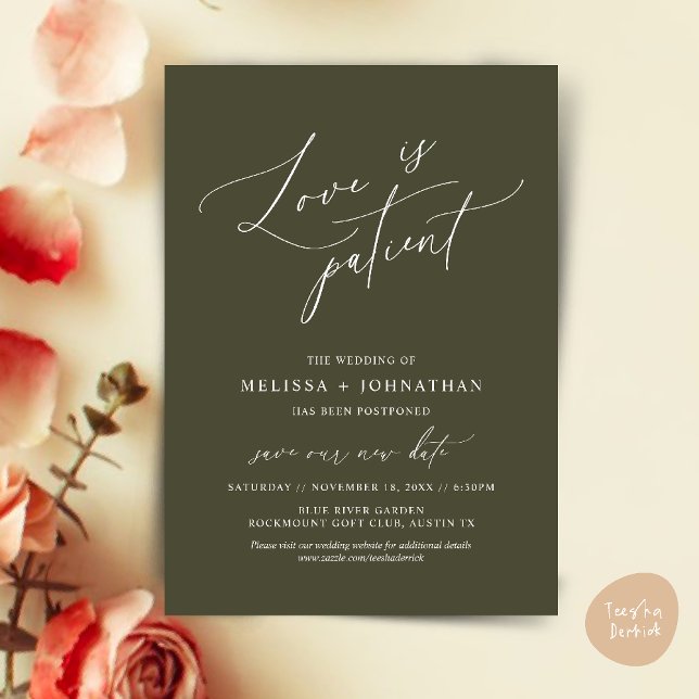 Minimalist, Love is patient, Change the date card (Love is patient, Change our new wedding date, postponed announcement card in olive green)