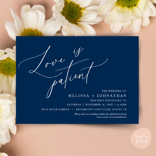 Minimalist, Love is patient, Change the date card (Minimalist, Love is patient, Romantic Wedding Change the new date card PDF in Navy Blue)
