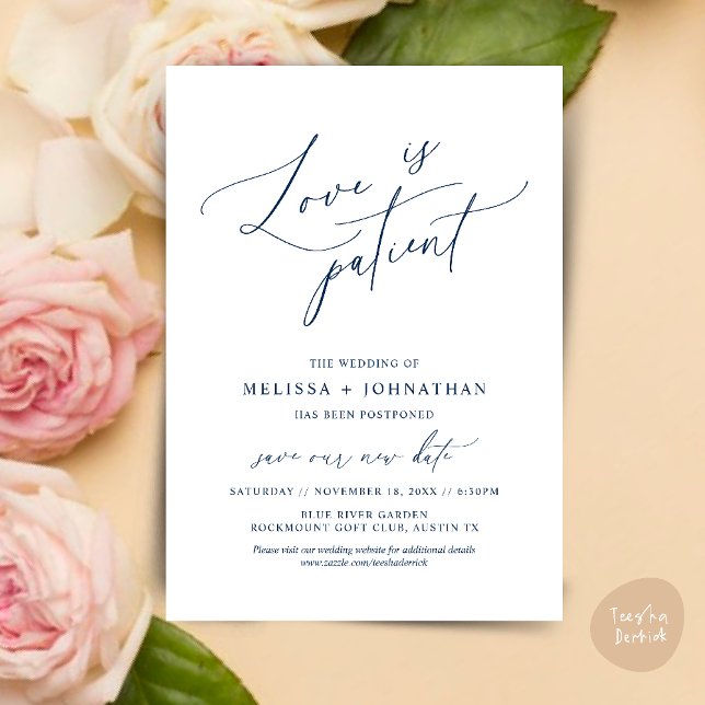 Minimalist, Love is patient, Change the date card (Minimalist, Love is patient, Romantic Wedding Change the new date card PDF in Navy Blue)