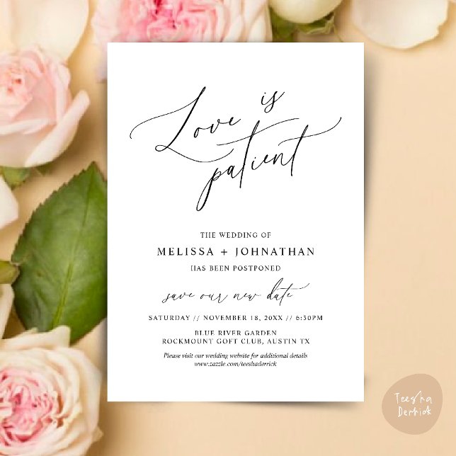 Minimalist, Love is patient, Change the date card (Minimalist, Love is patient, Romantic Wedding Change the new date card PDF in Black white)