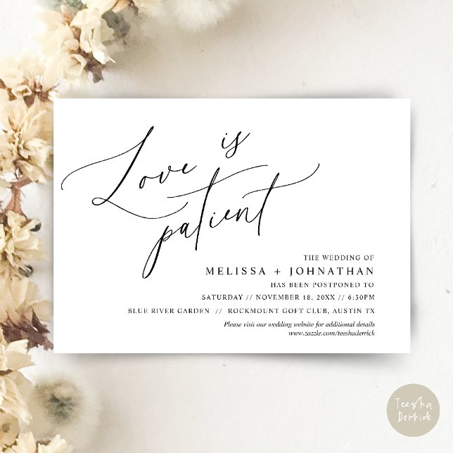 Minimalist, Love is patient, Change the date card (Minimalist, Love is patient, Romantic Wedding Change the new date card PDF in Black white)