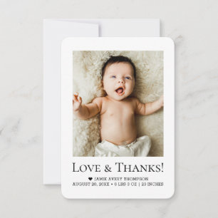 Minimalist Love & Thanks Baby Photo Birth small Thank You Card