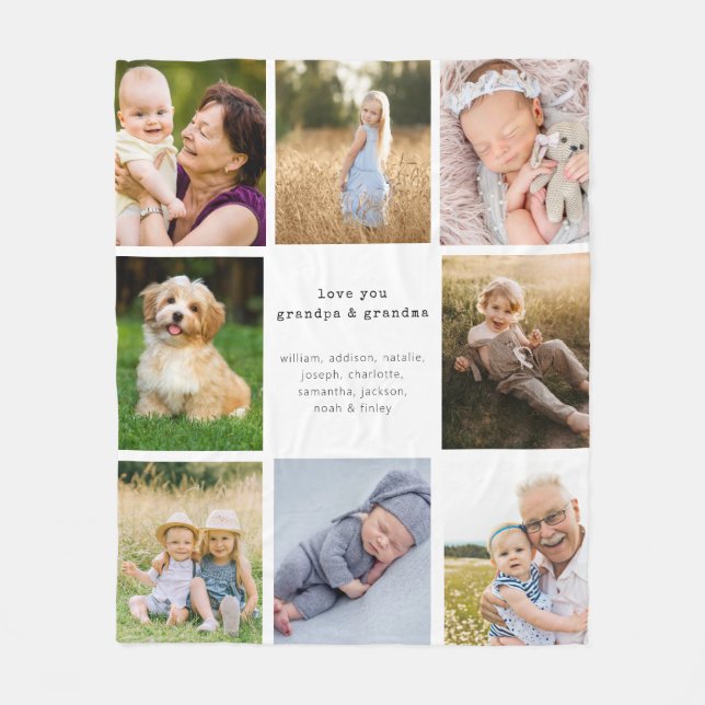 Minimalist Love You Grandpa & Grandma Photo Grid Fleece Blanket (Front)