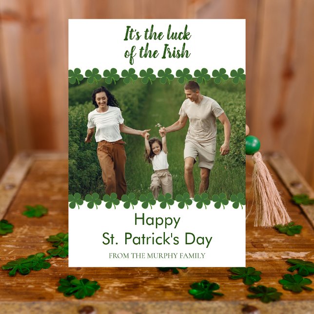 Minimalist lucky shamrock st. Patrick's Day Photo Holiday Card (Creator Uploaded)
