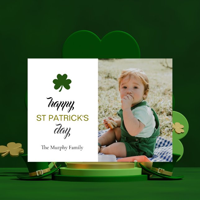 Minimalist lucky shamrock st. Patrick's Day Photo Holiday Card (Creator Uploaded)