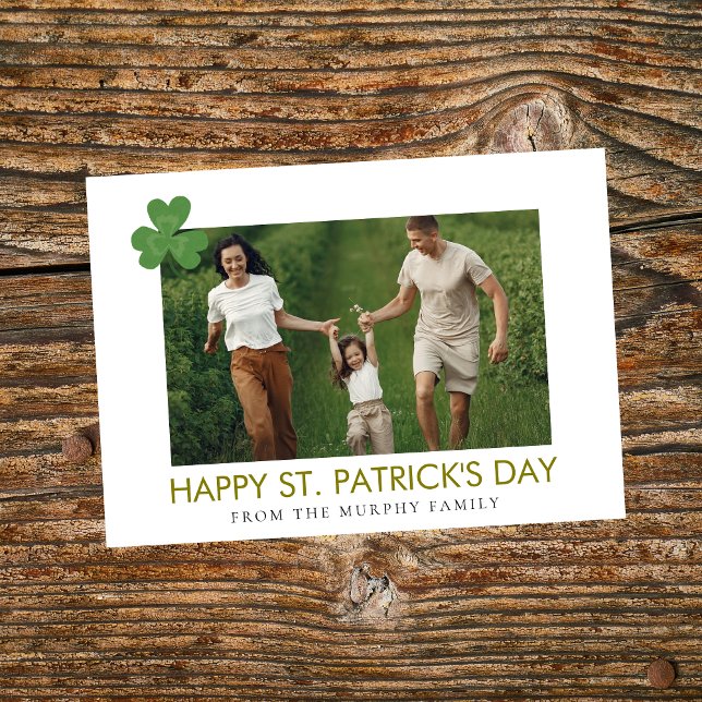 Minimalist lucky shamrock st. Patrick's Day Photo Holiday Card (Creator Uploaded)