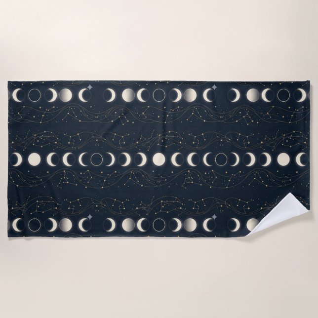 Minimalist Lunar Phases Pattern with Stars and Nig Beach Towel (Front)