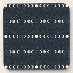 Minimalist Lunar Phases Pattern with Stars and Nig Coaster