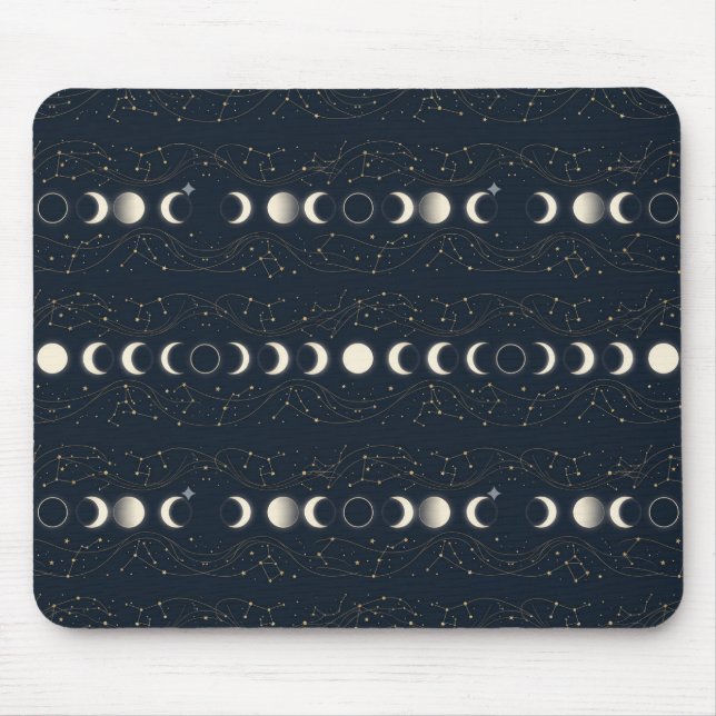 Minimalist Lunar Phases Pattern with Stars and Nig Mouse Pad (Front)