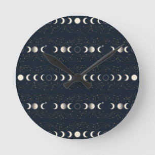 Minimalist Lunar Phases Pattern with Stars and Nig Round Clock