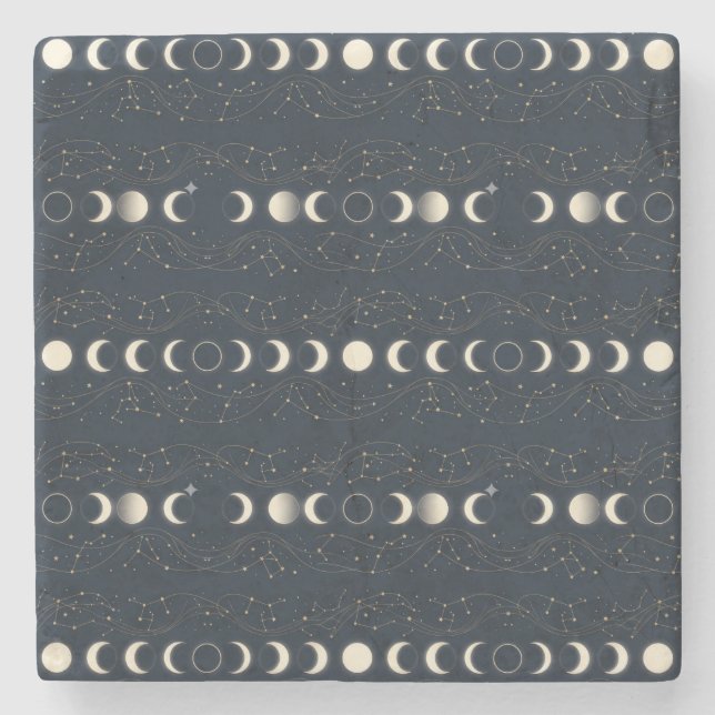 Minimalist Lunar Phases Pattern with Stars and Nig Stone Coaster (Front)