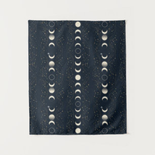 Minimalist Lunar Phases Pattern with Stars and Nig Tapestry