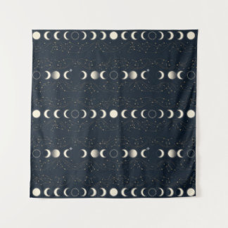 Minimalist Lunar Phases Pattern with Stars and Nig Tapestry