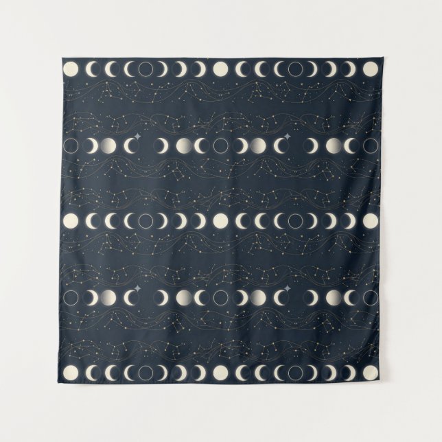 Minimalist Lunar Phases Pattern with Stars and Nig Tapestry (Front)