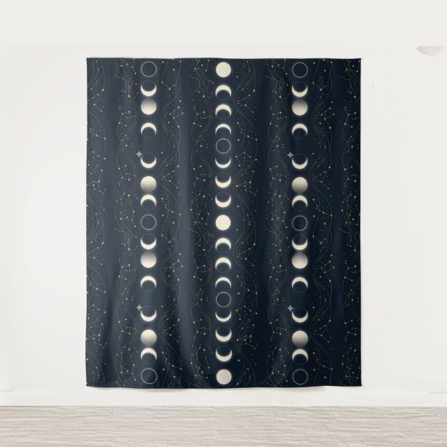 Minimalist Lunar Phases Pattern with Stars and Nig Tapestry (Front)