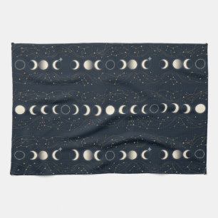 Minimalist Lunar Phases Pattern with Stars and Nig Tea Towel