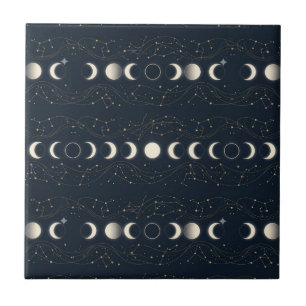 Minimalist Lunar Phases Pattern with Stars and Nig Tile