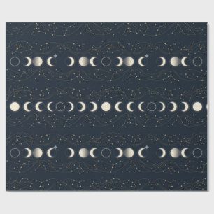 Minimalist Lunar Phases Pattern with Stars and Nig Wrapping Paper