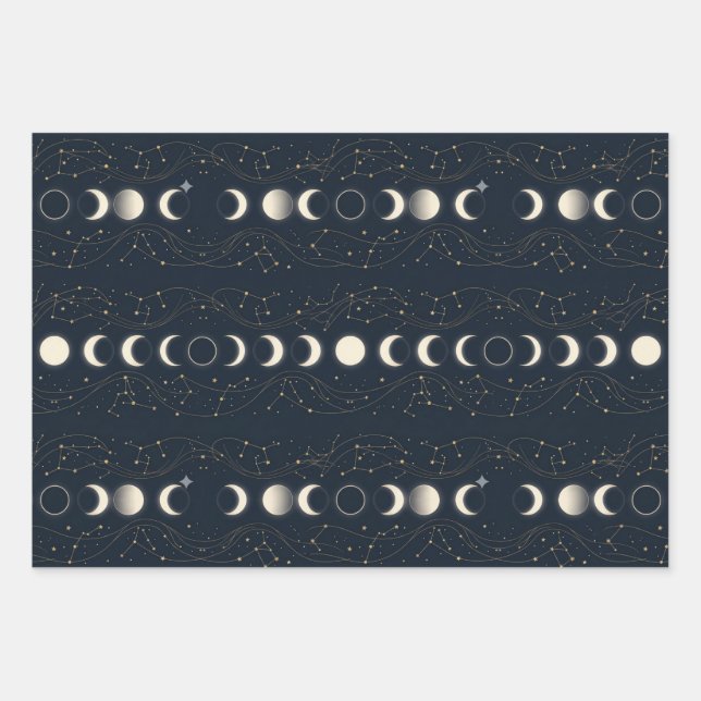 Minimalist Lunar Phases Pattern with Stars and Nig Wrapping Paper Sheet (Front)