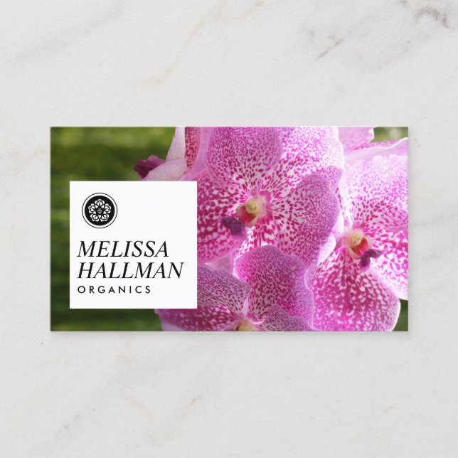 Minimalist Luxe Floral Logo with Pink Orchids Business Card (Front)