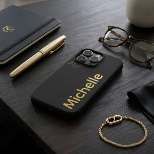 Minimalist Luxury Black Gold Custom Name iPhone 15 Pro Case