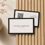 Minimalist Luxury Black/Ivory QR Code Social Media Business Card<br><div class="desc">An elegant and refined design elevates your name or business name through minimal and modern styling. The thin black border is grounded on an ivory background to give a luxury feel to this classic business card design template. Add your URL to instantly update the QR code on the back for...</div>
