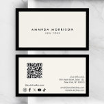 Minimalist Luxury Black/Ivory QR Code Social Media Business Card<br><div class="desc">An elegant and refined design elevates your name or business name through minimal and modern styling. The thin black border is grounded on an ivory background to give a luxury feel to this classic business card design template. Add your URL to instantly update the QR code on the back for...</div>